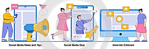 Social media news and tips, social media star, internet criticism concept with tiny people. Set of digital content, influencer,