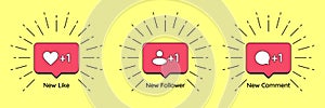 Social media notice bubbles with Like, Follower and Comment icon. Set of notification counters