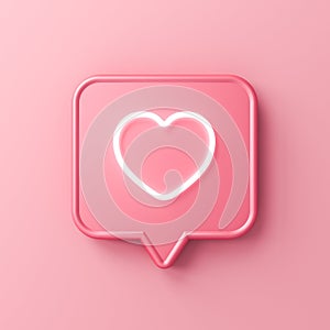 Social media notification neon love like heart icon in pink speech bubble pin isolated on pink pastel color background