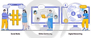 Social Media, Online Community, Digital Networking Concept with Character. Digital Connections Abstract Vector Illustration Set.