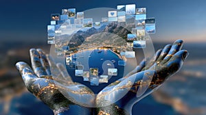 Social Media : online discourse, virtual sphere, content stream, media link, network bond, digital realm, internet flow photo