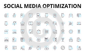 Social media optimization linear icons set. Branding, Engagement, Sharing, Visibility, Content, Analytics, Hashtags photo
