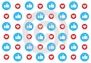 Social media pattern background with likes. Thumbs up and hearts. Vector illustration design