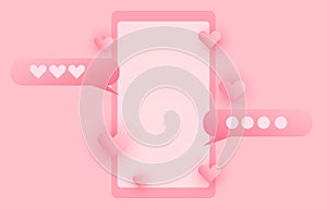 Social media photo frame, with 3d heart love button And sending messages concept chat for valentines day