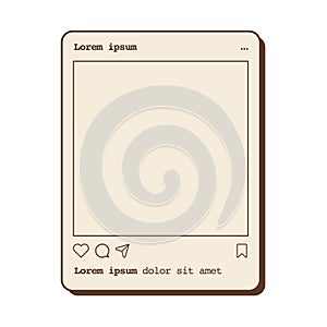 Social media photo frame template with place for text. Camera app with retro aesthetic design. Picture post with like