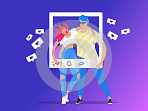 Social media photo rating and sharing. Gradient vector illustration of two young teenegers posing together for likes