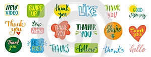 Social media phrases. Handwritten posts, stickers with gratitude for subscribers and followers. Modern communicative