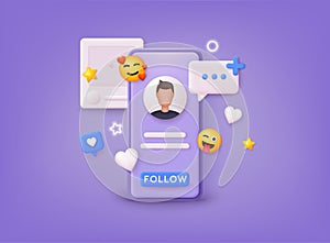 Social media platform, online social communication concept. Comment and Follower. 3D Web Vector Illustrations