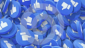 Social media positive emoji background, close up of 3d render like blue badges piling up, 4k animation