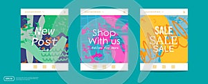 Social media post and web internet ads creative frame template cover set with abstract colorful basic organic shape doodle design