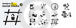 Social media problems bw concept vector spot illustrations bundle