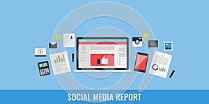 Social media report, social data analysis, business performance. Flat design vector banner.