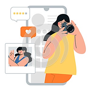 Social media screen with girl making photo, posts and messages. Flat vector minimalist illustration with different devices