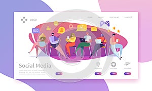 Social Media Services Landing Page. Marketing Communication Concept with Flat People Characters Website Template