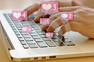 Social media and social networking. Marketing concept. Hearts and letterboxes with counters.