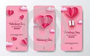Social media stories banner greeting card for valentine`s day with heart shape paper cut style illustration and soft pink