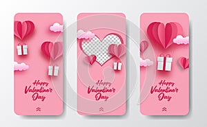 Social media stories banner greeting card for valentine`s day with paper cut style illustration and soft pink background