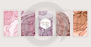 Social media stories banners with pink, brown and nude alcohol ink texture and marble frame
