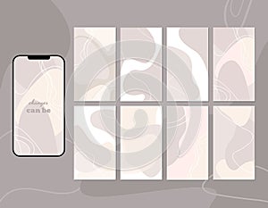 Social media story layout. Set of abstract background. Gray, beige, flesh-colored, light gray, white. Smooth lines. Uneven spots