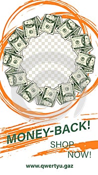 Social media story template with circle money frame of 100 dollars bills