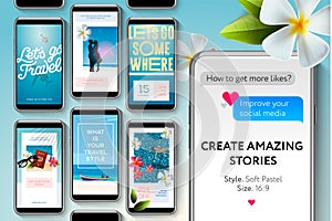 Social media story templates for brands and blogger. Create stories about travelling. Modern promotion web banner for
