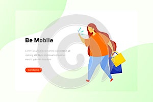 Social Media Technology Mobile Lifestyle Flat style landing page banner vector illustration. Woman walking and looks at smartphone