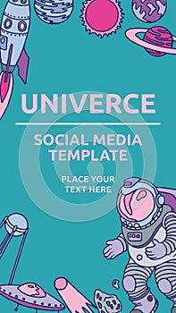 Social media template with galaxy cosmic elements astronaut, earth, satellite, comet, planet, sun, rocket and meteorite