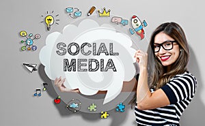 Social Media text with woman holding a speech bubble