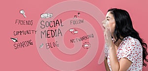 Social media theme with young woman speaking