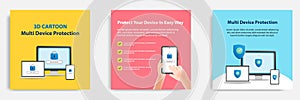 Social media tutorial, tips post banner layout template in 3D cartoon style. Multidevice security protection concept. Vector photo