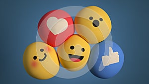Social media unique design emojis as soft spheres 3D render