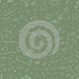 Social media vector doodles. Seamless pattern with hand drawn doodle elements.