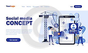 Social media vector landing page template with header. Online communication app web banner, homepage design with flat