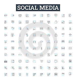 social media vector line icons set. Networking, Posts, Interaction, Trends, Hashtags, Sharing, Connections illustration