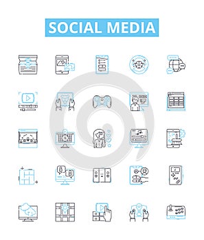 social media vector line icons set. Networking, Posts, Interaction, Trends, Hashtags, Sharing, Connections illustration