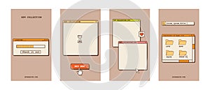 Social media vertical banners templates in old school nostalgic design with computer interface elements. Retro 80s 90s
