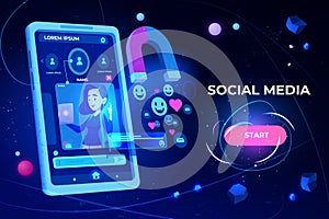 Social media web banner. Magnet attracting likes
