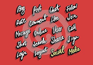 Social Media And Web Design Most Common Words Hand Drawn Script Isolated Lettering.