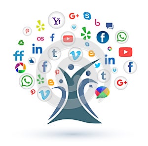 Social media/web icons family tree on white background
