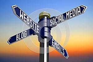 Social media, website, emails, blog - signpost with four arrows