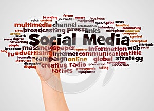 Social Media word cloud and hand with marker concept