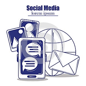 Social media, world smartphone email photos blue line fill style