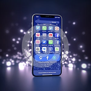 Social medial app iPhone mobile phone with blue screen background technology