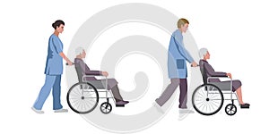Social, medical workers with elderly people in a wheelchairs set