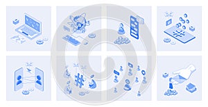 Social network 3d isometric concept set with isometric icons design for web. Collection of internet friends connection, chatting