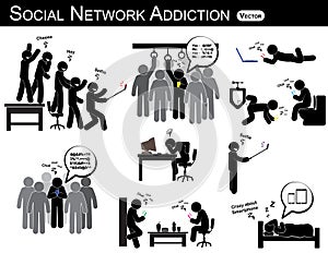 Social network addiction . a man use smartphone every time , everywhere ( in restroom , office , home , bus , dining room ) and ig photo