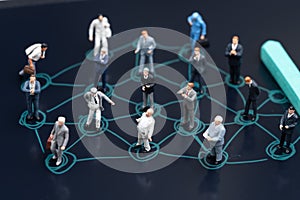 Social network, business connection network, teamwork or new connecting business concept, miniature people businessmen standing on