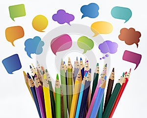 Social network communication. Colored pencils funny faces of people smiling. Dialogue group of people. Crowd Talking. Group of peo