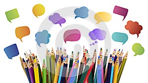 Social network communication. Colored pencils funny faces of people smiling. Dialogue group of people. Crowd Talking. Group of peo