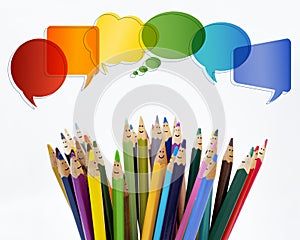 Social network communication. Colored pencils funny faces of people smiling. Talking. Group of people talking. Dialogue group of p